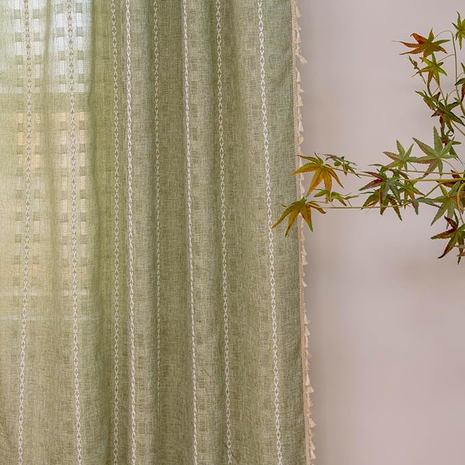 Deeprove Sage Green Boho Curtain 96 inches Length for Living Room Bedroom Nursery Doorway, Sheer Bohemian 96 inches Long Stripe Embroidery Privacy Window Fringe Christmas Decor W52 x L96, 1 Panel