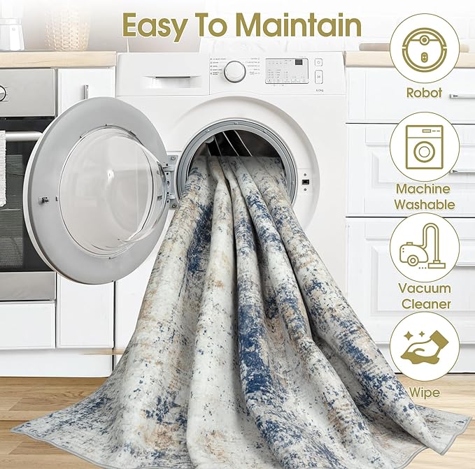 8x10 Area Rugs for Living Room Bedroom: Abstract Washable Rug with Anti-Slip Backing Non-Shedding Stain-Resistant Soft Large Carpet for Dining Room Nursery Hallway Indoor Home Office Blue Brown