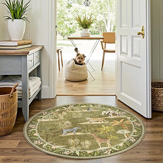 jinchan Round Rug 5ft Green Jungle Animals Print, Machine Washable 5' Circle Modern Soft Non-Slip Forest Plant Throw Area Rug Ultra-Thin Low Pile Christmas Carpet for Entryway Bedroom Kids Room