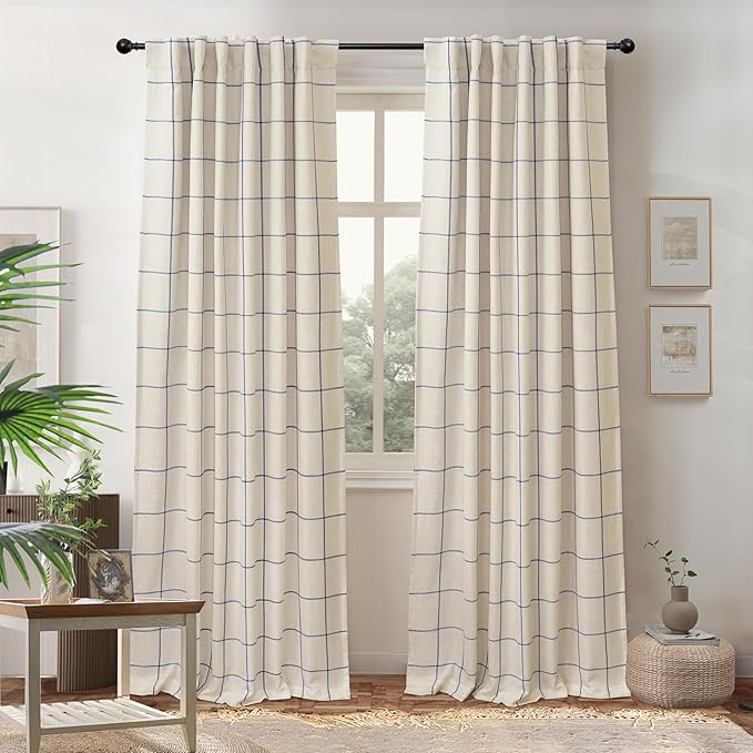 DriftAway 2 Panels 100% Blackout Windowpane Plaid Linen Curtains Double Layer Drapes for Bedroom 84 Inches Long Farmhouse Thermal Insulated 3.25 Inch Rod Pocket Back Tab for Living Room Navy Blue