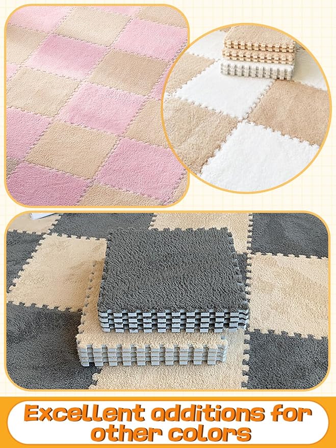 12 pcs Thickened Plush Foam Interlocking Floor Mat, Interlocking Foam Tiles with Edgings for Kids, Soft Anti-Slip Puzzle Area Square Rug Playmat for Children Room Bedroom(11.8", Light Brown)