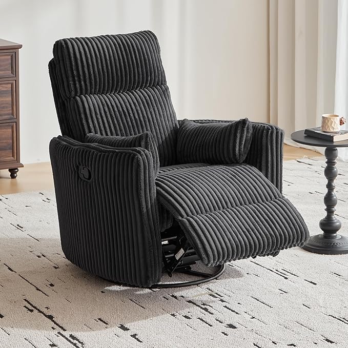 LINSY HOME 360 Swivel Nursery Rocking Chair with 2 Pillows, Corduroy High Back Adult Recliner for Small Spaces, Nursery Glider Rocker Chair, Bedroom Living Room Reclining Chairs (Black)