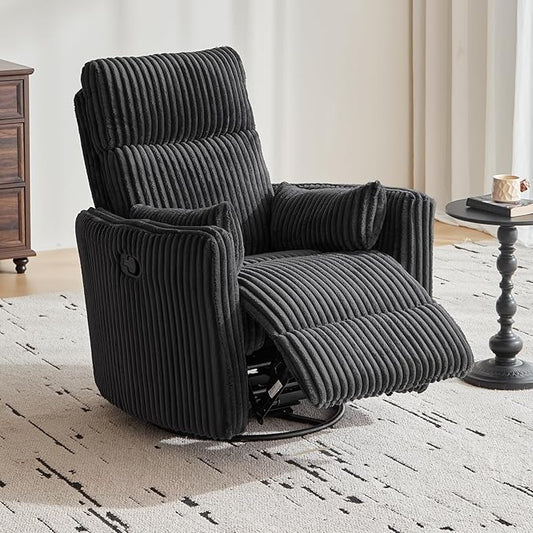 LINSY HOME 360 Swivel Nursery Rocking Chair with 2 Pillows, Corduroy High Back Adult Recliner for Small Spaces, Nursery Glider Rocker Chair, Bedroom Living Room Reclining Chairs (Black)