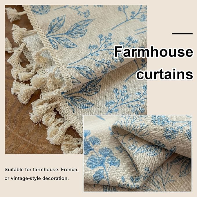 OYX Blue Floral Light Filtering Boho Curtains 84 Inch Long 2Panels For Living Room, Country Farmhouse Rustic Vintage French Drapes, Flower Printed Rod Pocket Privacy Decor Drapes For Bedroom Aesthetic