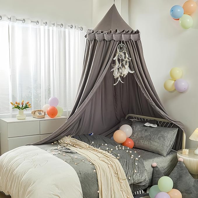 Princess Bed Canopy for Girls, Extra Large Hanging Canopy for Bed, Dreamy Play Tent for Girls Room Bedroom Decoration, Breathable Canopy Bed Curtain for Children Reading Nook - Ruffle Gray