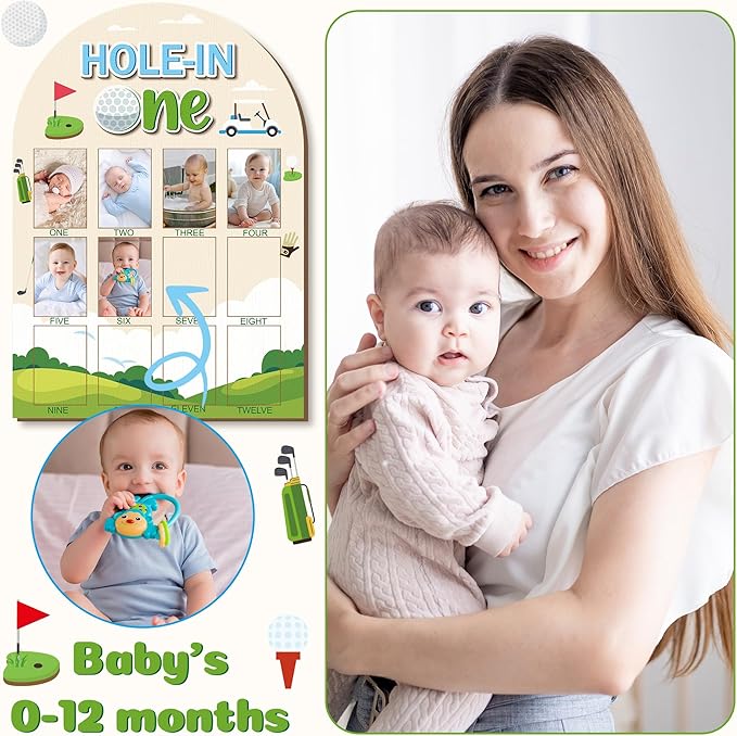 R HORSE My First Year Photo Display Wood Board - Baby’s First Year Picture Frame, 12 Months Milestone Board, 3D Golf Themed Neutral Baby Keepsake Gift One Year Old Birthday Nursery Decor for Girl Boy