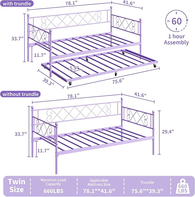 Daybed with Trundle, Trundle Bed Twin with Heart-shaped Headboard for Kids, Sturdy Metal Day Bed with Steel Slat Support, Twin Daybed for Living Room, Bedroom and Guest Room, Easy Assembly, Purple