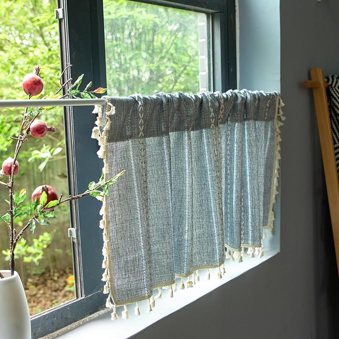 Deeprove Denim Blue Boho Curtain Valance for Cafe Kitchen Closet Doorway Decor, Sheer Bohemian Farmhouse Cotton Linen Short Panel Tassel Trim Traditional Window Treatment Drape, W52 x L18, 1 Piece