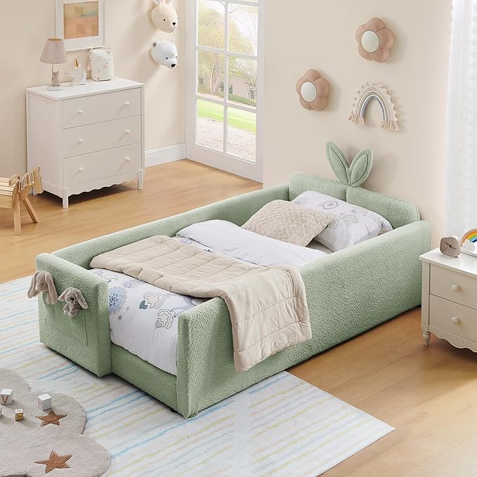 DEINPPA Twin Size Platform Bed Frame with Rabbit Ear Shaped Headboard and Pocket, Boucle Upholstered Bed Frame with Guardrail for Children Kids Boys Girls-Green