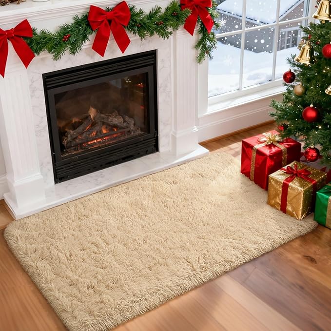 Merelax Fluffy Rug Shaggy Area Rug, Beige 2x4 Area Rugs for Bedroom, Small Kids Bedside Rug, Soft Non-Slip Entryway Throw Rugs for Living Room Bedroom Nursery Room Home Holiday Decor Aesthetic