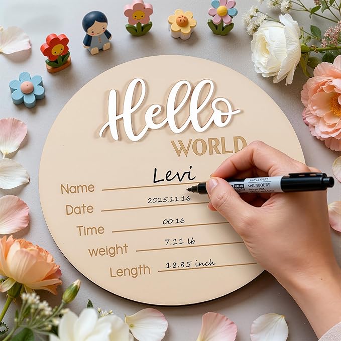 Baby Announcement Sign with Pen, 5.9 Inch Wooden Hello World Newborn Sign for Hospital, 3D Birth Announcement Board, Welcome Baby Name Signs for Nursery, Newborn Gift for Boy & Girl, White