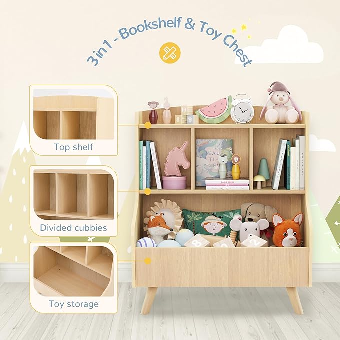 Curipeer Kids Bookshelf and Toy Storage, 3-Tier Wooden Bookcase, Baby Book and Toy Storage Display Organizer with Spacious Top Shelf for Children, Friends, Family, Natural Wood Color