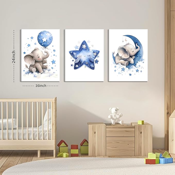 Baby Boy Nursery Canvas Wall Art Set of 3, Blue Elephant Moon and Stars Picture Wall Decor Painting, Cute Animal Baby Girl Nursery Posters Prints for Kids Room Bedroom 16x24 In Framed