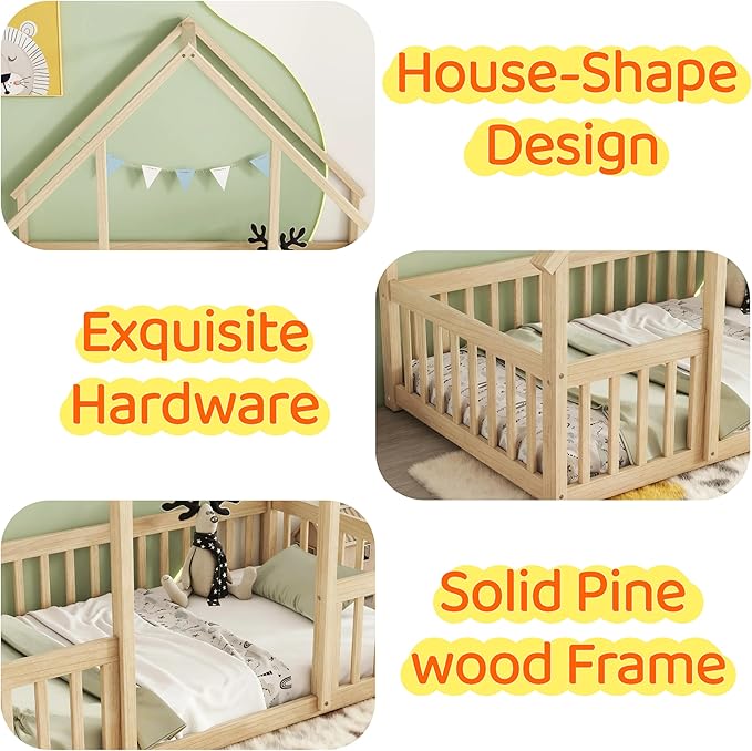 Casaphoria Full Size House-Shaped Montessori Bedframe, Solid Pine Wood Kids Bed Frame, Toddler Floor Bed with Door & Fence for 1-3 Years Old Kids, Natural