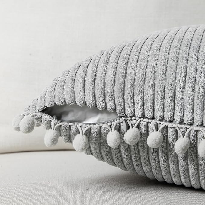 Fancy Homi 24x24 Pillow Covers, Pack of 2 Neutral Grey Throw Pillow Covers with Pom-poms, Super Soft Corduroy Square Solid Cushion Cover for Couch Sofa Bedroom Living Room 60x60 cm