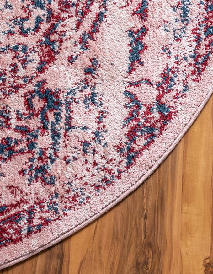 Rugs.com Charleston Collection Rug – 5 Ft Round Pink Low-Pile Rug Perfect for Kitchens, Dining Rooms