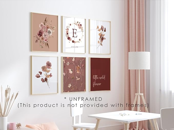 Personalized Name Flower Nursery Wall Art Prints, Crib & Nursery décor, Newborn Baby Girl Gift Present, Floral Baby Girl Room Pictures, Poster For Baby And Kids (6 Prints, Flower 1)