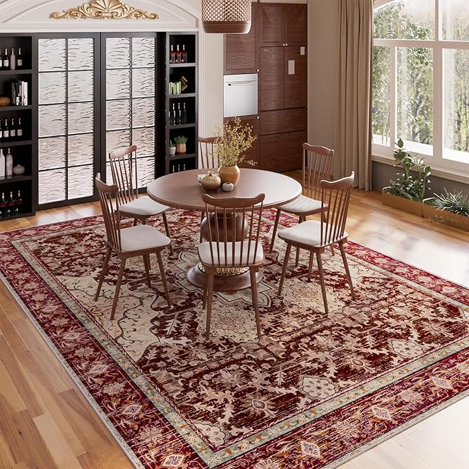 AMTOVO 8x10 Area Rugs for Living Room, Large Non-Slip Washable Rug, Boho Vintage Retro Medallion Print Pattern Carpet for Bedroom Dining Room Home Office Nursery Dorm Farmhouse, Vintage Red
