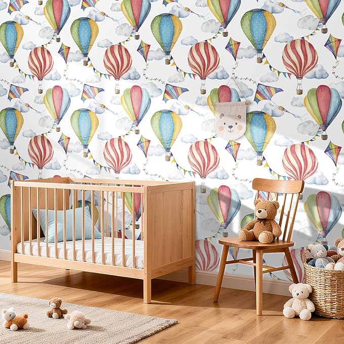 LaCheery Watercolor Hot Air Balloon Wallpaper Peel and Stick Hot Air Balloons Sky Cloud Wallpaper Nursery Decorative Contact Paper Peel and Stick Colorful Kites Flag Wall Paper for Kids Room 17.5"x79"