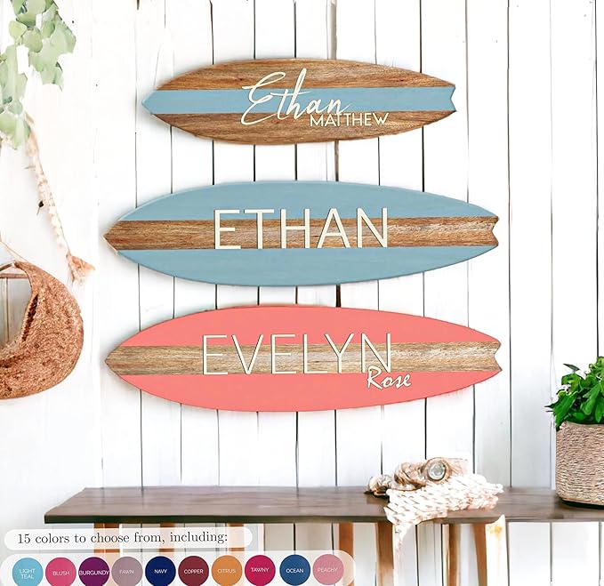 Headwaters Studio Personalized Wooden Surfboard Wall Decor – Custom Name Surfboard Sign for Nursery, Playroom, or Coastal Room – Decorative Surf Board Wall Art-2 Sizes, 12 Colors