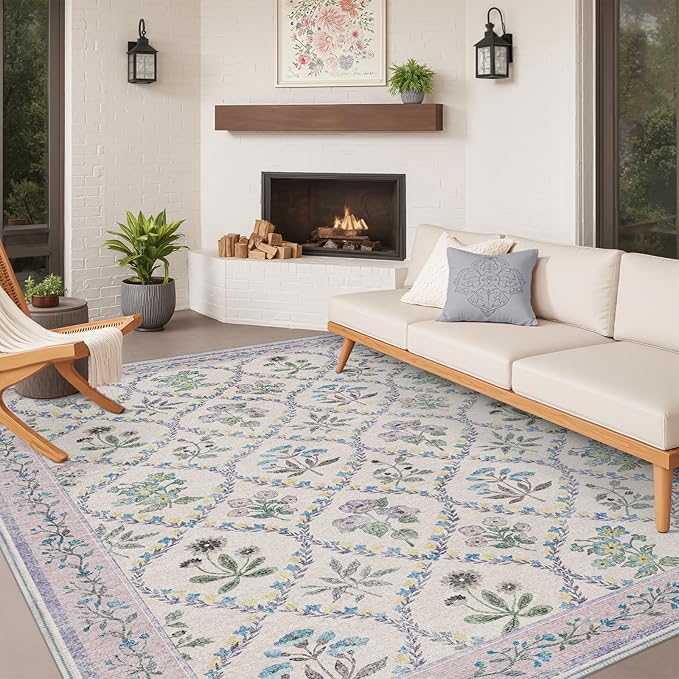 Purple Rug for Girls Room, 5x7 Washable Boho Floral Area Rugs for Living Room, Cute Ultra-Thin Non Slip Indoor Girls Bedroom Decor Lavender Carpet for Baby Nursery Kids Room Playroom Dorm