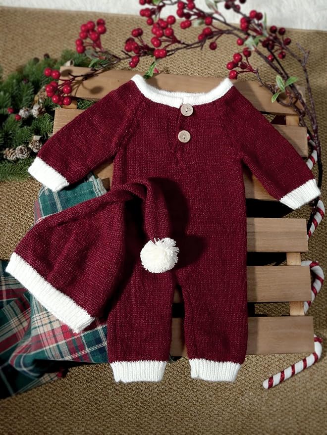 Newborn Christmas Outfit Boy Red Knit Romper & Santa Baby Hats, 1st Christmas Baby Boy Photoshoot Outfits Photo Props