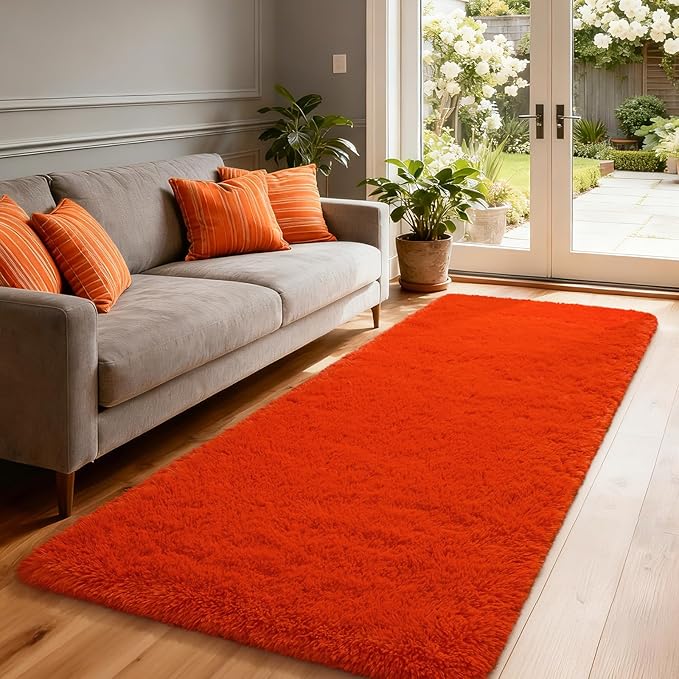 Merelax Soft Fluffy Rugs for Bedroom Living Room, 2x6 Hallway Runner Rugs, Furry Shag Bedside Area Rug Indoor Accent Floor Carpet, Plush Fuzzy Rug for Dorm Nursery Kids Room Decor, Orange Red