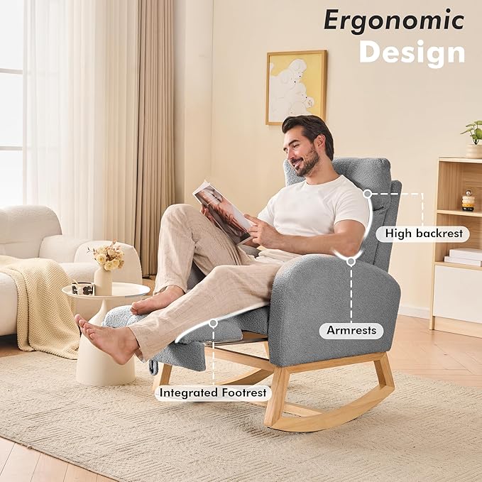 FOXHUNTER Rocking Chair for Nursery with High Backrest & Foot Rest-Nursery Rocking Chairs with Side Storage Pocket for Breastfeeding,Modern Glider Chair for Baby Bedroom,Living Room,Teddy Grey