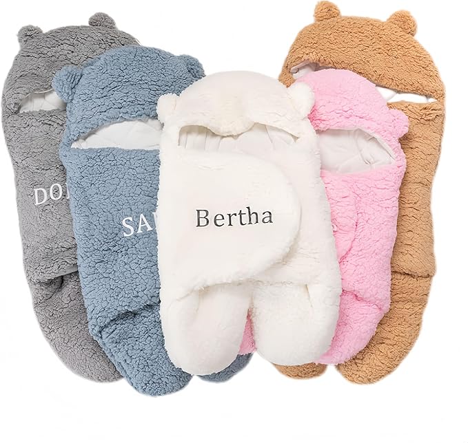 Baby Swaddle Blanket 0-9 Mouth Personalized Cute Bear Adjustable Baby Swaddle Blanket with Name Plush Essential Receiving Blanket Ultra-Soft Registry Sleeping Wraps for Newborn