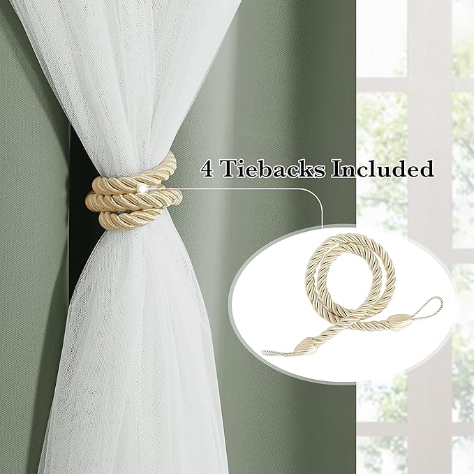 PONY DANCE Living Room Curtains 84 Inch Length - Sheer Overlay Blackout Curtains, 52 inches Wide, Window Treatment Panels, Cortinas De Sala Elegantes (Sage Green, Set of 2, with Extra Tie-Backs)