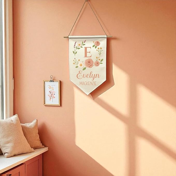 Custom Name Banner Faux Embroidery Nursery Wall Hanging - Boho Baby Girl Room Decor – Kids’ Name Sign for Nursery, Bedroom, or Playroom (Peach Flowers)
