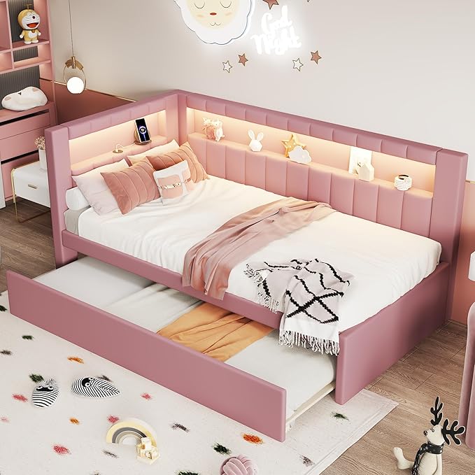 Twin Size Soft Daybed with Trundle, Storage Shelves and LED Belt, Linen Upholstered Corner Bed with L-Shaped Bookshelf Headboard and USB Charger for Kids Boys Girls, Pink