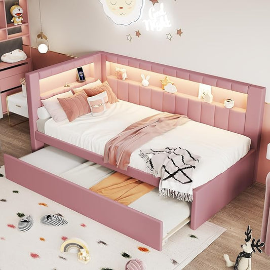 Twin Size Daybed with Trundle and L-Shaped Bookshelf Headboard, Linen Upholstered Soft Corner Bed with Storage Shelves, Charging Station and LED Belt for Kids Boys Girls, Pink