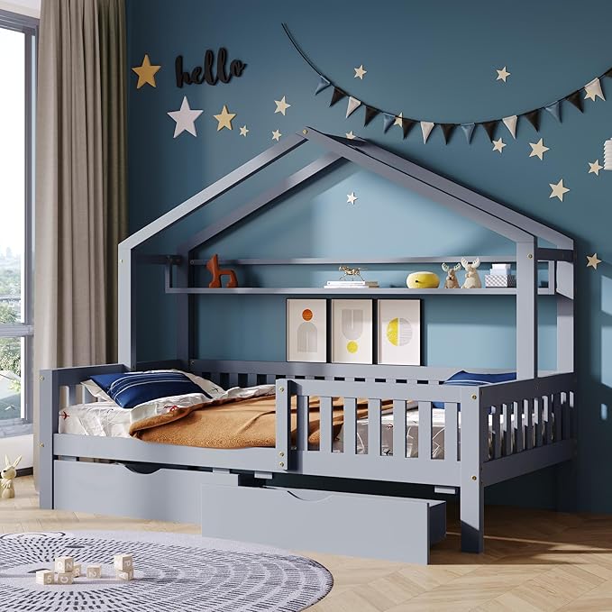 Aoowow Twin Size House Bed with Storage Drawers and Shelf,Kids Wooden Bed Frame Twin Platform Bed with Slats and Fence for Boys Girls Teens for Bedroom(Grey)