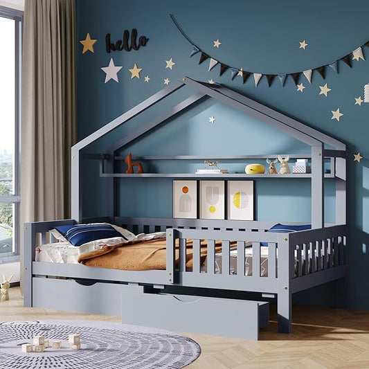 Aoowow Twin Size House Bed with Storage Drawers and Shelf,Kids Wooden Bed Frame Twin Platform Bed with Slats and Fence for Boys Girls Teens for Bedroom(Grey)
