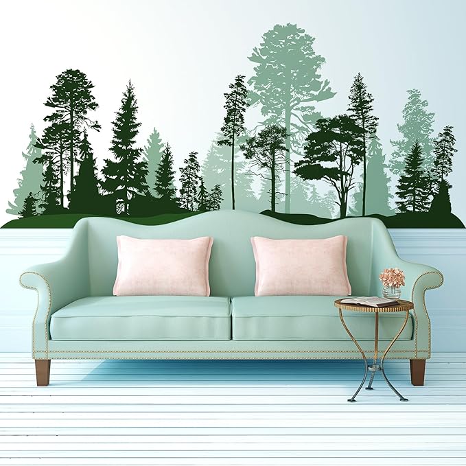 Large Forest Wall Decals, Green Pines in Fir Trees Peel and Stick Vinyl Wall Stickers & Murals, Removable Home Room Wall Decor for Bedroom Living Room Bedroom Classroom Office Nursery
