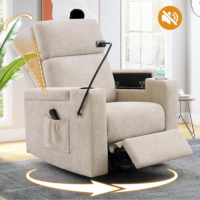 Power Swivel Glider Rocking Chair Nursery, Skin-Friendly Premium Chenille Electric Glider Rocker Recliner Chair with Armrest Storage, USB A&C Ports, Cup Holder, Phone Holder, Chenille Beige