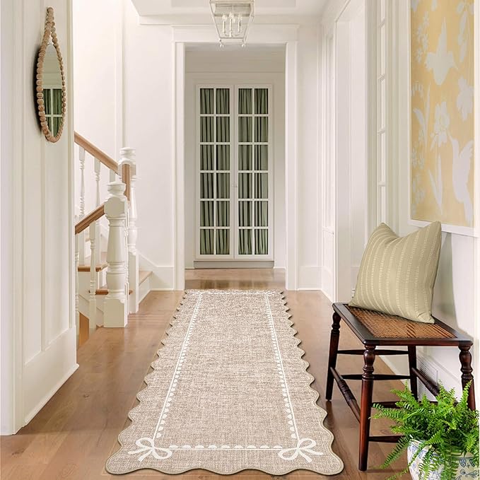GarveeHome Scalloped Bow Rug for Living Room, Solid Camel Rug for Dorm, Washable Runner Rug 2.5x10 Soft Low Pile Non Slip Scalloped Rugs for Nursery Bedroom Decor Hallway Entryway Playroom