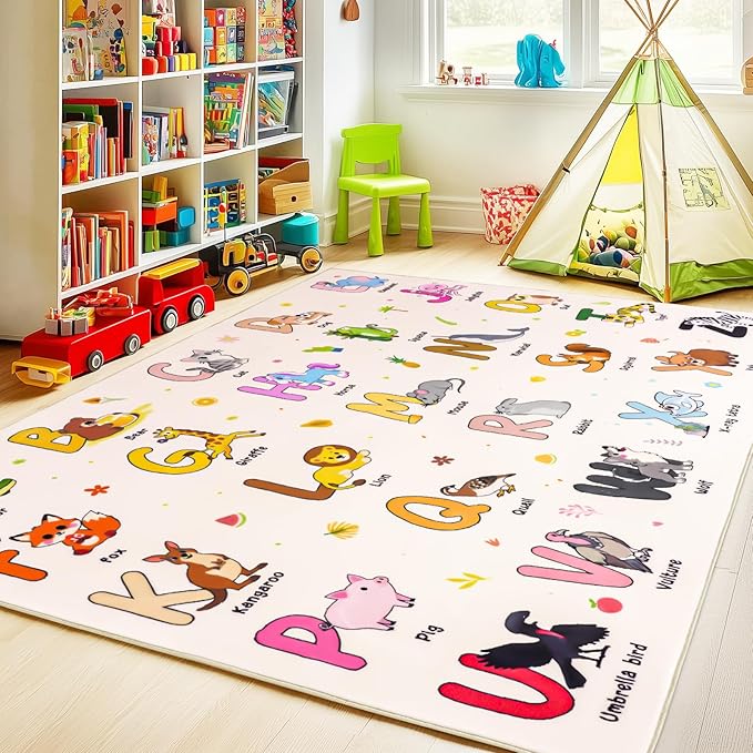 Kids Rugs for Playroom, 3x4 Feet Educational Rug for Learn The ABC Alphabet, Soft Machine Washable Non-Slip Cute Cartoon Animals Carpet for Classroom Toddler Nursery Kids Room Decor, Beige