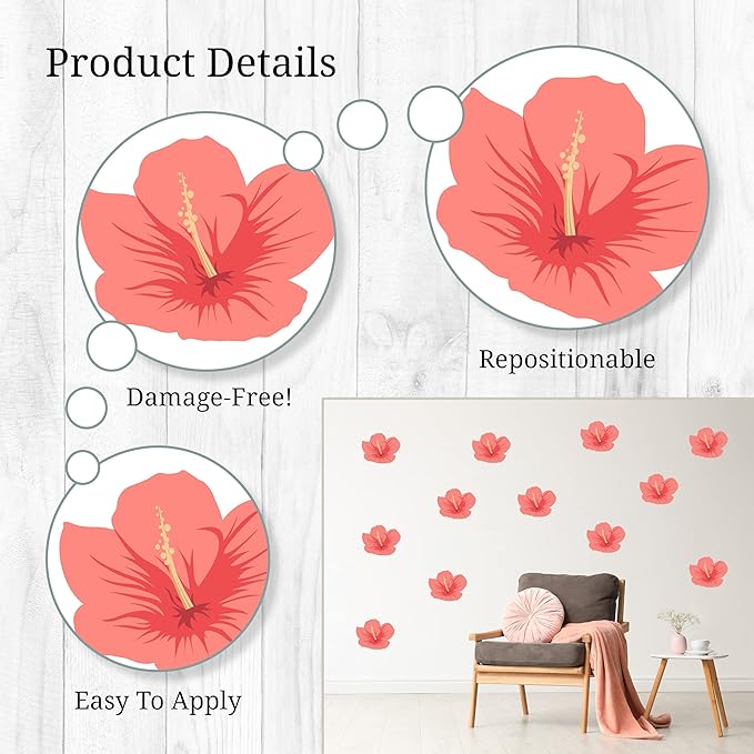 Decalcomania Hibiscus Flower Wall Decals - Set of 12 Pink Tropical Wall Stickers for Nursery Bedroom Bathroom Living Room Decor Removable Peel and Stick Indoor Wall Decor
