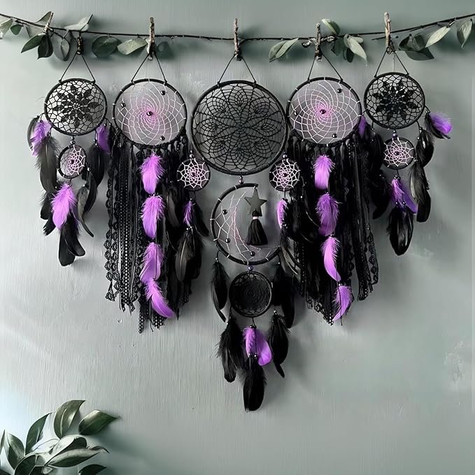 Dream Catcher Wall Decor,Large Boho Dream Catcher with Luxurious Feathers & Beads, Handmade Wall Hanging for Bedroom, Nursery, Living Room, Gift Ready for Girls & Adults (Black-Purple)