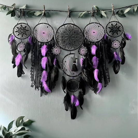 Dream Catcher Wall Decor,Large Boho Dream Catcher with Luxurious Feathers & Beads, Handmade Wall Hanging for Bedroom, Nursery, Living Room, Gift Ready for Girls & Adults (Black-Purple)