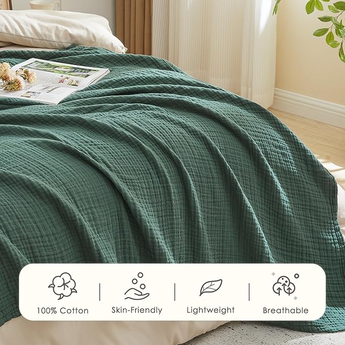 EMME Cotton Muslin Twin XL Blanket Breathable Gauze Blanket Soft Lightweight Blankets Adults Gifts for Women (Forest Green, 66"x90")