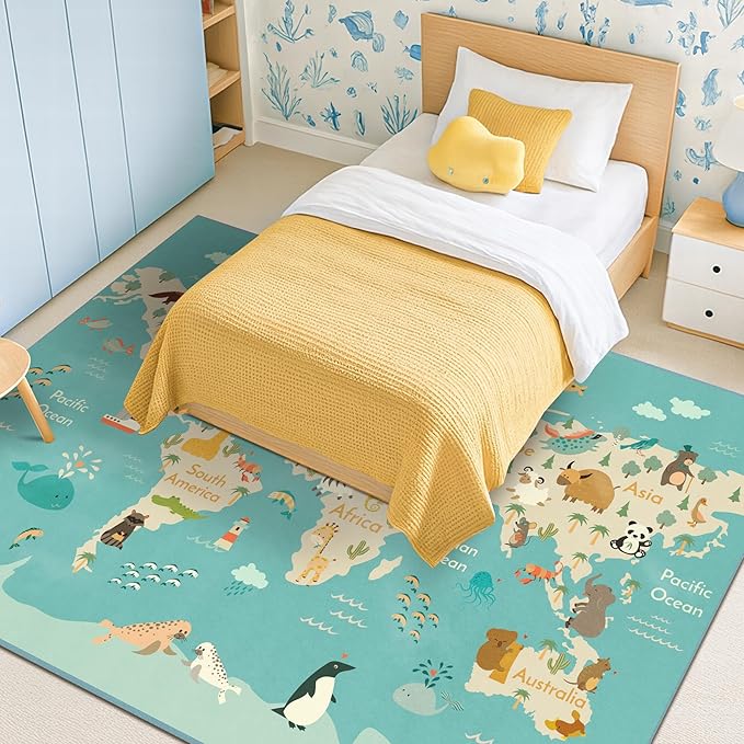 Washable Large Kids Room Rug with Animal – 6x9 Educational World Map Play Mat for Bedroom – Non-Slip, Stain Resistant, Soft & Safe for Baby, Playroom Essentials - Blue Ocean