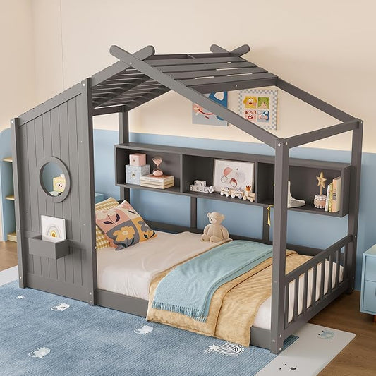 Merax Wood Floor House Bed with Storage Shelves, Twin Size Low Day Bed with Headboard & Wood Slat Support, No Box Spring Needed, Gray