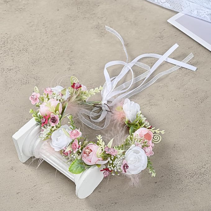 Baby Girls Flower Crown Flower Girl Headpiece Boho Little Wreaths for Weddings, Family Photography (Burgundy Pink)