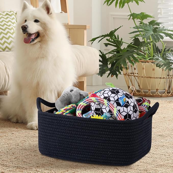 OIAHOMY Woven Basket, Gift Basket Empty with Gift Bags and Ribbons, Rope Baskets for Baby Showers, Storage Baskets with Handles for Nursery, Pet Toy Organizer - Navy Blue