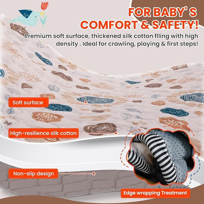 Baby Play Mat for Floor,50x50 Inch Soft Padding Crawling Mat for Playpen, Foldable and Machine Washable, Thick for Babies & Toddlers,Boho Flower