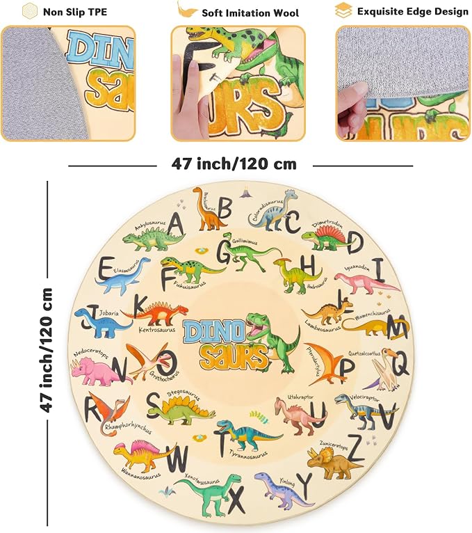 Kids Rugs for Playroom, 4'x4' Round Educational Rug for Learn The ABC Alphabet, Soft Machine Washable Non-Slip Cute Dinosaur Carpet for Classroom Toddler Nursery Kids Room Decor Mat, Beige