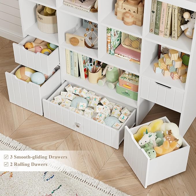 HITHOS 48" W Toy Storage Organizer, Large Kids Bookshelf with Rolling Toy Chest, Toy Organizer with Storage Bins, Book Shelf for Kids Room, Playroom Toy Box with 9 Open Cubbies for Boys/Girls, White